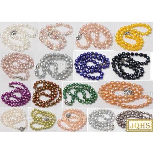 17" 9mm round white Multicolor pink yellow purple gray blue black green coffee pearls necklace 18KGP j12449A32