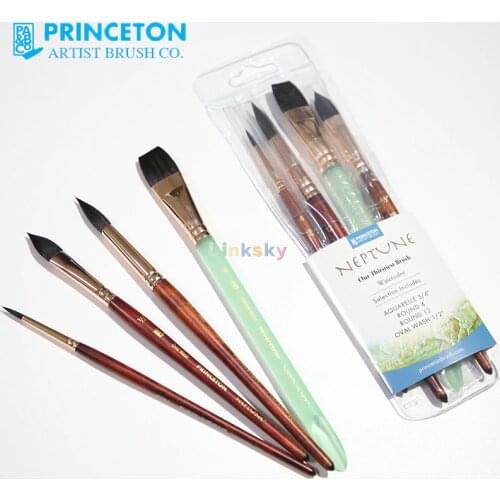 Princeton Neptune Series 4750, 4-Piece Synthetic Squirrel Watercolor Paint Brush Set A/B, Aquarelle, Oval Wash & Round Brushes