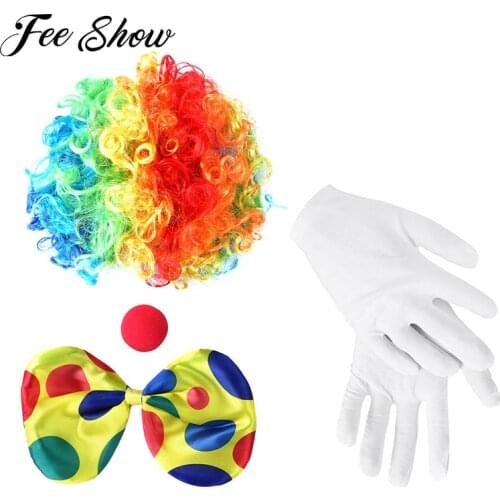 Rainbow Clown Costume Wig Red Sponge Nose Dots Bow Tie White Gloves Clown Set for Cosplay Costume Prop Pretend Play Accessories