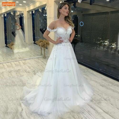 Sexy A Line Wedding Gowns 2021 Off Shoulder Vestido De Noiva Lace Tulle Appliqued Bridal Dresses Corset Slim Fit Robe De Mariage