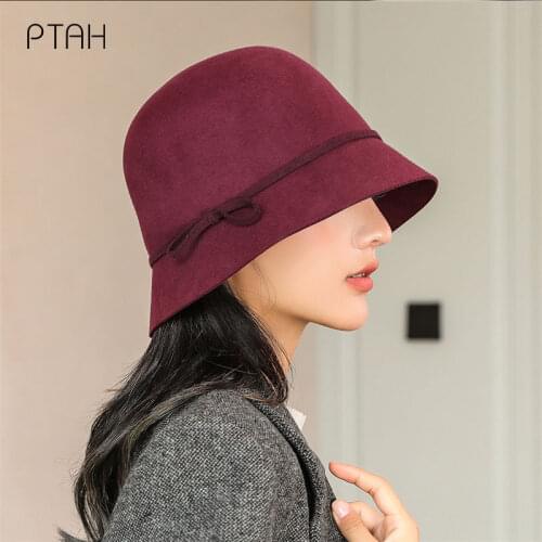[PTAH] Fedoras Hats For Women Wide Brim Pure Color Church Autumn Winter New Warmer Hats Ladies 100% Australian Wool High Quality