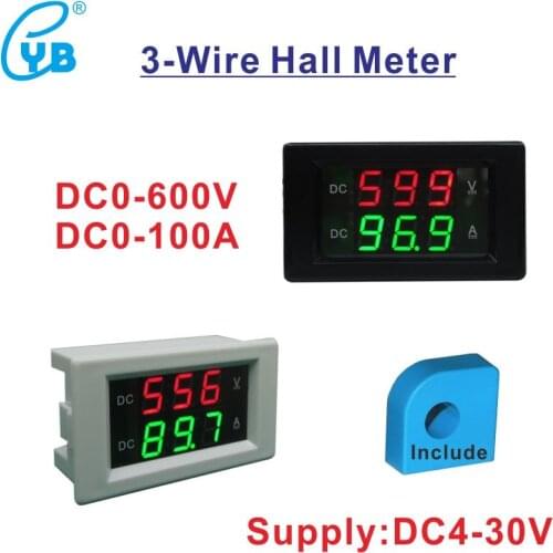 Three Wires DC Hall VA Meter Current Transformer 100A LED Voltmeter Ammeter DC Volt Amp Panel Meter DC 0-600V Hall Dual Meter