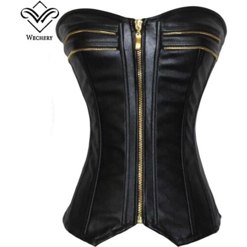 Wechery Faux Leather Corset Steampunk Brocade Corset Women Front Zipper Black Lace Up Overbust Waist Corsets and Bustiers