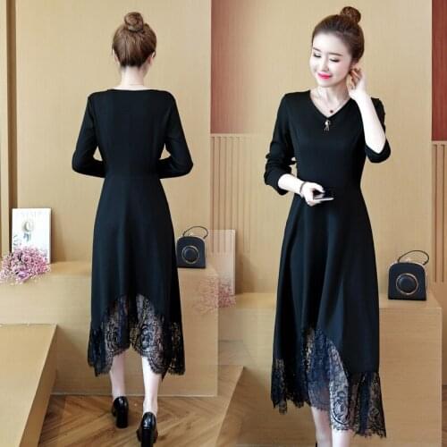 Sping Autumn Office Lady A-line Solid Lace Work Casual Streetwear Round Neck Length Sleeve Women Party Plus Size Black Dress