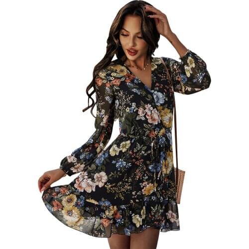 Women Robe Femme Spring Autumn Print A-Line Dresses Drawstring Ruffles V-Neck Long Sleeve Slim Dress For Woman Vestido De Mujer
