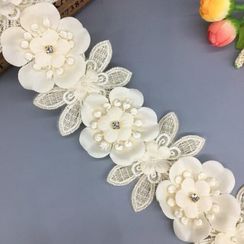 1 yard 3D Diamond Flower Apricot Beaded Embroidered Lace Trim Fabric Ribbon Applique Dentelle Sewing Craft For Costume Hat Decor