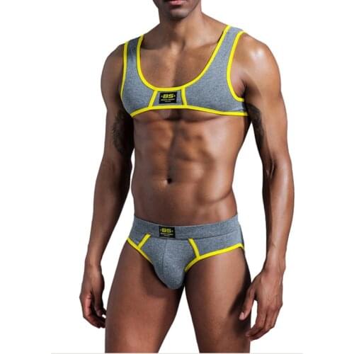 2 Piece Men Sexy Chest Muscle Harness Tops Briefs Underwear Undershirts Workout Running Gym Sportswear Quick Dry Swimwear 2XL
