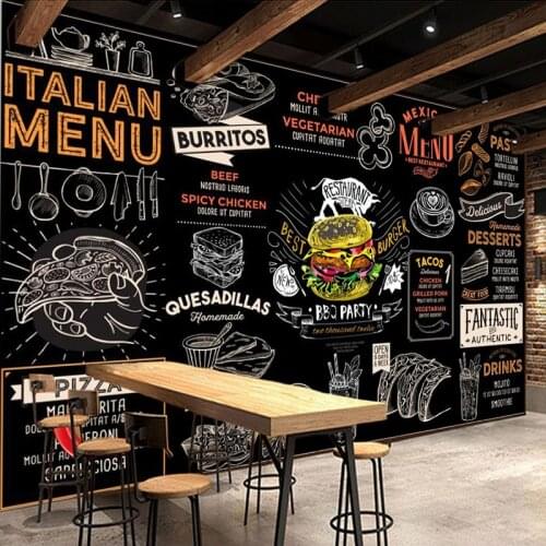 Custom Self-Adhesive Wallpaper 3D Hand-painted Hamburger Fast Food Restaurant Background Wall Paper PVC Waterproof 3D Stickers