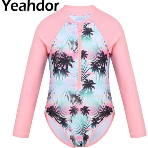 Kids Girls Swimsuit Beachwear 2021 Long Sleeves Palm Printed Zippered Swimwear Children Swimming Outfit Bathing Suit Rash Guard