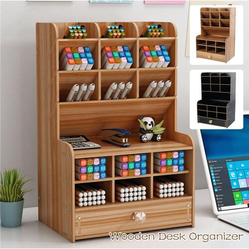 Creative Desk Organizer Multi-Functional Wooden DIY Pen Holder Ox Desktop Stationary Home Holder Office Desktop Storage Shelf