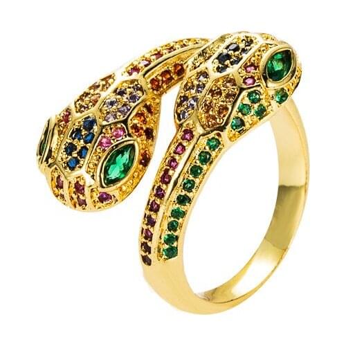 Megin D Yellow Gold Plated Color Crystal Vintage Blue Stone Eyes Snake Boho Rings for Women Couple Friends Gift Fashion Jewelry