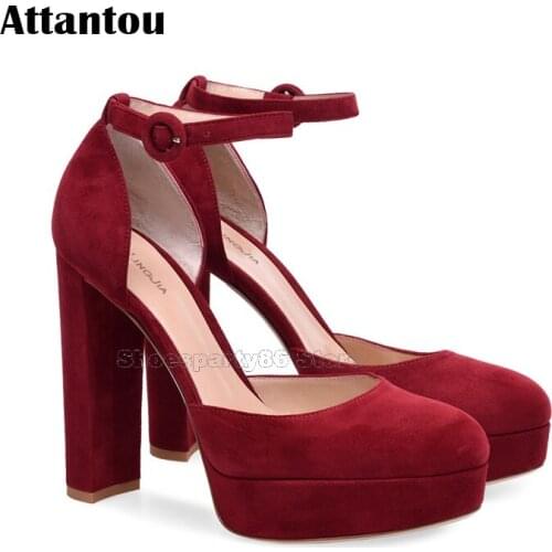 Fashion Red Suede Leather Round Toe Thick Platform Block Heeled Autumn Fall Dress Shoes Women Ankle Wrap Pumps