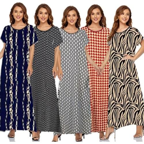 European and American style Muslim dress short-sleeved dress with round neck printed jade flower summer dress