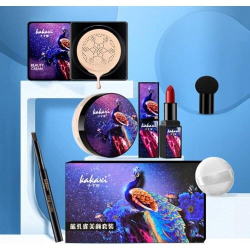 Mushroom Cushion Liquid Foundation Loose Powder Eyeliner Lipstick Mushroom Puff Makeup Set Natural Ingredients Make Up Kit