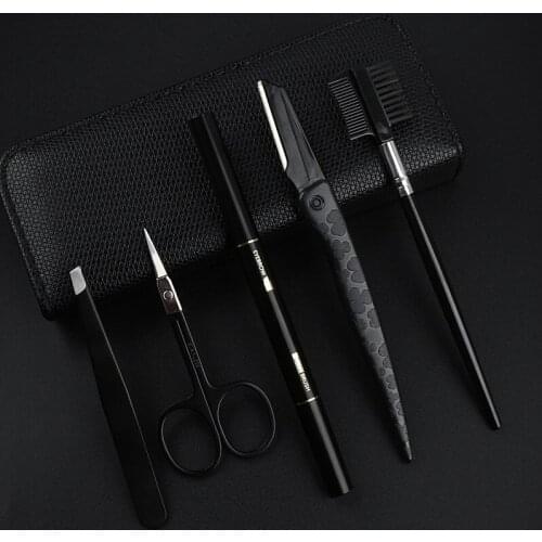 Eyebrow Grooming Kit For Beginners 5pcs Eyebrow Set With PU Leather Case Include Eyebrow Pencil Razors Scissors Combs Tweezers