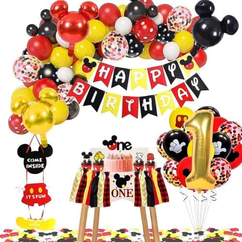 134pcs Mickey Mouse Birthday Party Theme One Year Old Decoration Balloon Pull Flag Combination Party Decoration Supplies
