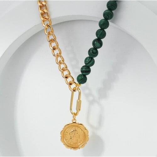 Lifefontier Boho Malachite Beads Coin Pendant Necklace Gold Color Chains Necklaces for Women Fashion Jewelry 2021 Accessories