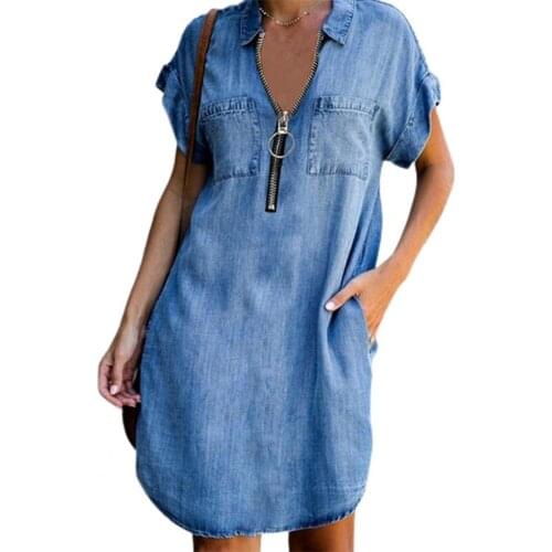 Dress women summer 2021 Turn Down Collar Short Sleeves Pockets Zipper Loose Knee-length Dress for Office Street wear платье
