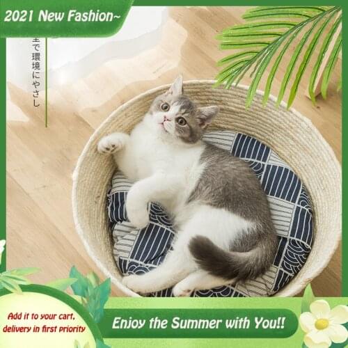Simple Japanese Style Woven Cat Bed Couch Basket Nest Four Seasons Universal Cat Rattan Lounge Sofa Puppy Dog Mat Pet Suppliers