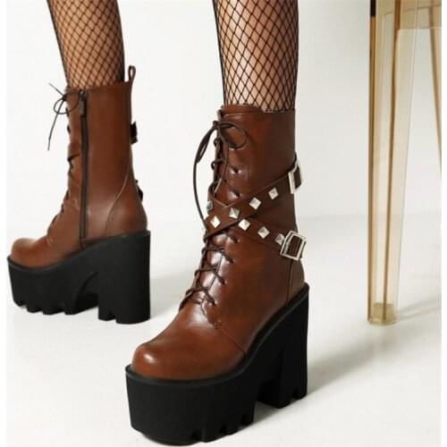 PXELENA Plus Size 36-44 Rivet Belt Buckle Motorcycle Biker Combat Boots Women Gothic Punk Rock Street Cool Girls Shoes Winter