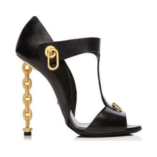 Open Toe Mixed Color Gold Chains High Heel Sandals Buckle Ankle Wrap Gladiator Women Sandals Summer Dress Shoes