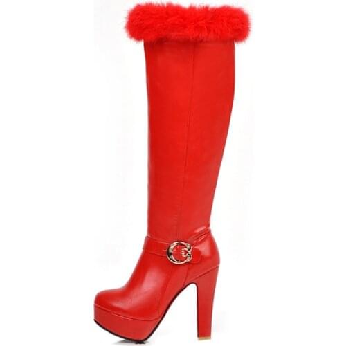 Womens Knee High Boots Sexy Heels Platform Fur Winter Boots Women Fashion Red White Black Warm Fur Boots Female Footwear Shoes