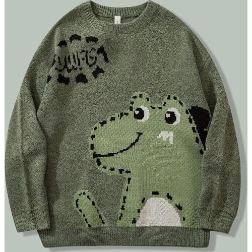 Harajuku Cartoon Dinosaur Print Knitted Sweaters Mens Hip Hop Streetwear Campus Loose Sweaters Autumn Couple Oversized Pullover