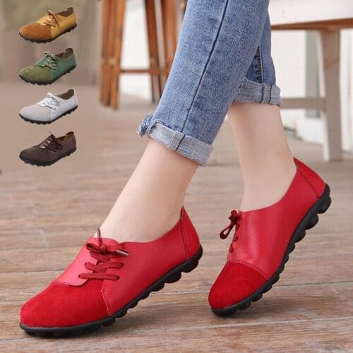 Spring Shoes for Women 2021 New Pure Leather Peas Shoes for Women Spring Cowhide Soft Soled Flats Mother Shoes Red