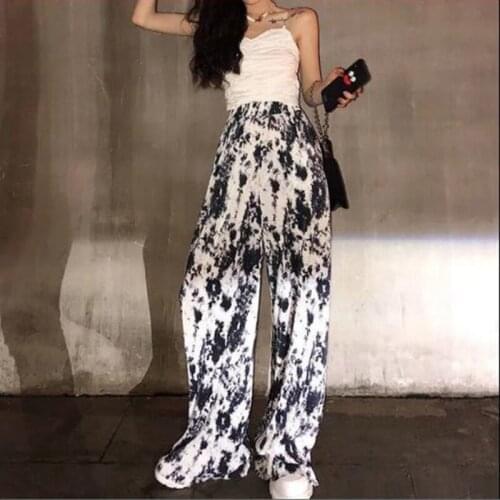 Womens Fashion Summer New Style Ink-dyed Trousers Pleated Loose Thin Casual Wide-legged Pants Tide Tie-dye Mopping Casual Wear