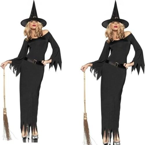 Gothic Black Witch Long Halloween Costumes Women Sorceress Costume Adult Witch Fancy Dress Witch Wicked Cosplay Free Shipping