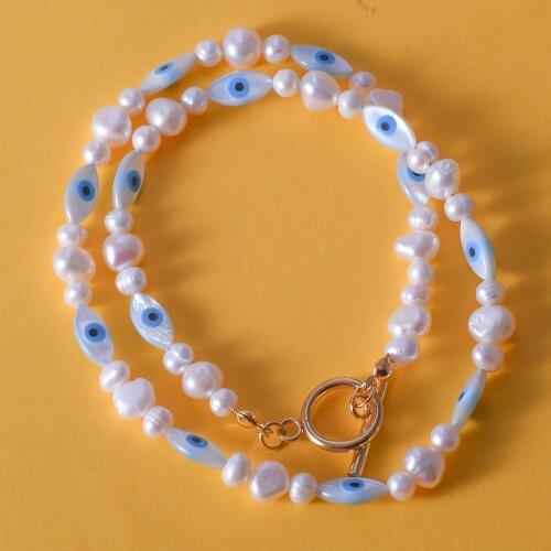 BOHO Jewelry Set Evil Eye Shell Beads White Freshwater Pearl Necklace Choker Simple Stainless Steel Choker Bracelet Set Women