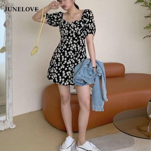 Dress Lantern Sleeve Summer Plus Size 4XL Daisy Printed A-line Womens Elegant Sexy Casual Korean Style Fashion Ulzzang Chic New