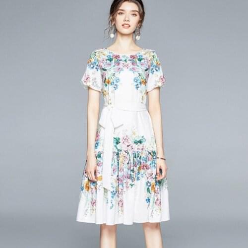 New Temperament Women Casual Short Sleeve Loose Dress Summer Vintage Designer Lace Up Belt Flower Printing Simple Dress