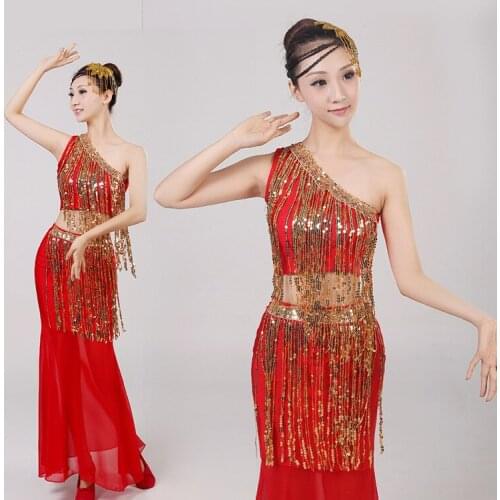 2015 Fahion Women Dancing Dress Bead Chain Latin Dance Dress Lady Fish Tail Skirt Stage Dress Costume Salsa Dresses