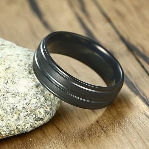 8mm 7mm Wide Brushed Grooved Black Titanium Rings for Men Women Wedding Band