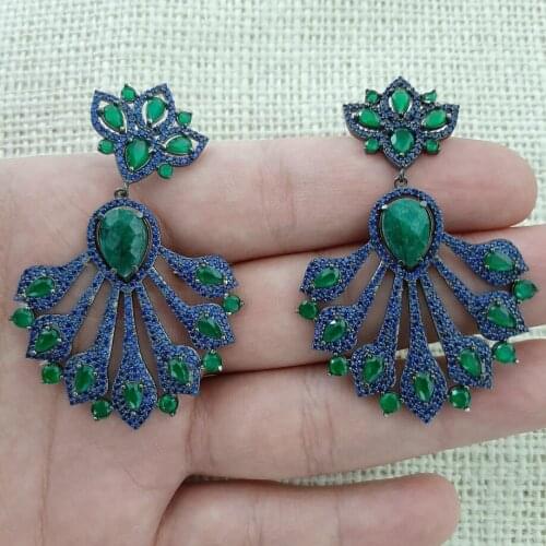 925 Sterling Silver Earrings Green Stone Statement Long Big Boho Cute Dangle Stud Earrings серьги с камнями 925