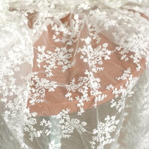 Off-white Mesh Flowers Full Embroidered Lace Fabric DIY Wedding Dress Curtain Doll Clothes Accessories Width 135cm 1Yard