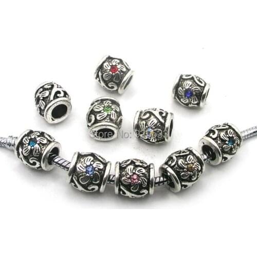 Free shipping 50pcs rhinestone antique silver plated alloy flower design big hole charms fit European bracelet DIY