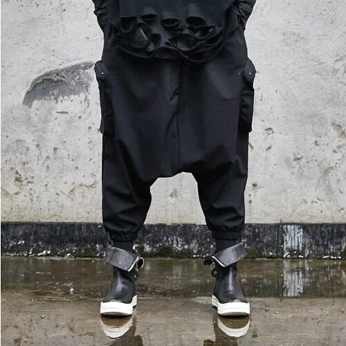 Men Oversize Dark Black Low Crotch Cross Pants Male Japan Streetwear Hip Hop Punk Gothic Harem Trousers Joggers Sweatpants