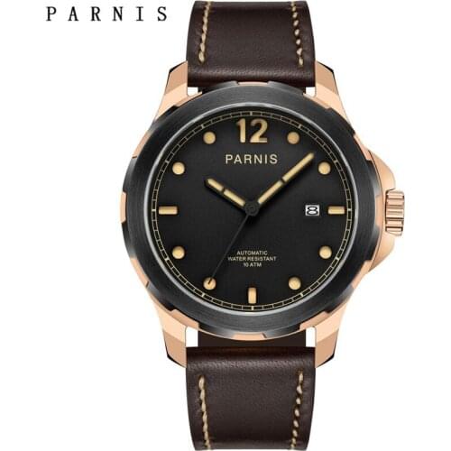 Parnis 44mm Mens Mechanical Watches Military Watch Men Automatic Wrist Watch Sapphire Auto Date Brown Genuine Leather Watchband