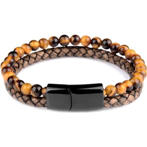 Stainless Steel Magnetic Clasp Leather Bracelet 6mm Tiger Eyes Handmade Braided High Quality Fashion Accessories For Men