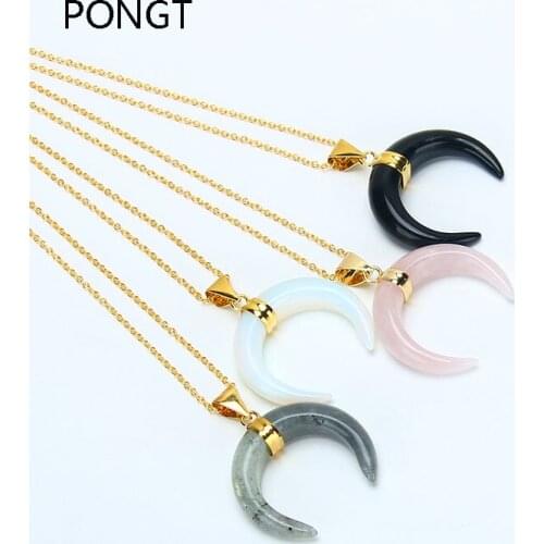 New fashion chakra Natural stone bull Horn pendant opal Labradorite necklaces & pendants Crescent obsidian Moon Pendants