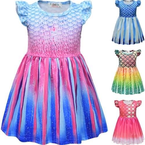 Summer Children Mermaid Fish Scale Colorful Printed Dress Cosplay Costume Halloween Party Sleeveless Girls Dress C27M255