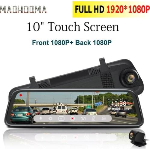 MHM 10'' IPS Touch Screen 1080P Car DVR Dual Lens DashCam Parking monitor Rear view Mirror camera Driving Recording Recorder