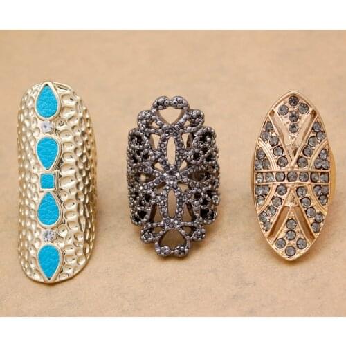 Pack of 3 Gold Tribal Filigree Arch Arrow Green Stone Hammered Mexico Band Finger Midi Ring Set Jewelry Cocktail Party