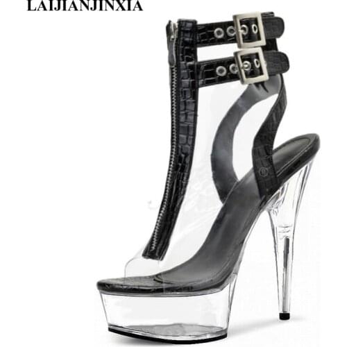 LAIJIANJINXIA New Mixed Colors Crystal Zipper Hollow Open Toe Low Tube Ankle Boots 15 CM High Heeled Shoes Cross Dressing Boots