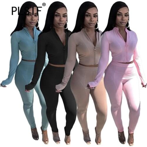 Autumn Women Long Sleeve V-neck zippered Jacket And Feet Trousers Street Fashion Casual Slim Trousers Set