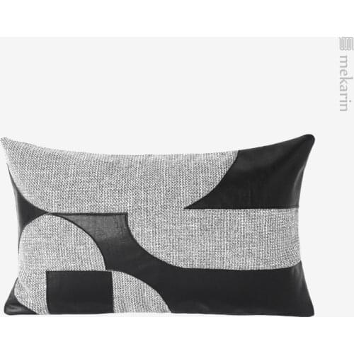 Nordic luxury model room sofa cushion black gray cotton and linen stitching leather waist pillow outdoor garden cushion bedroom