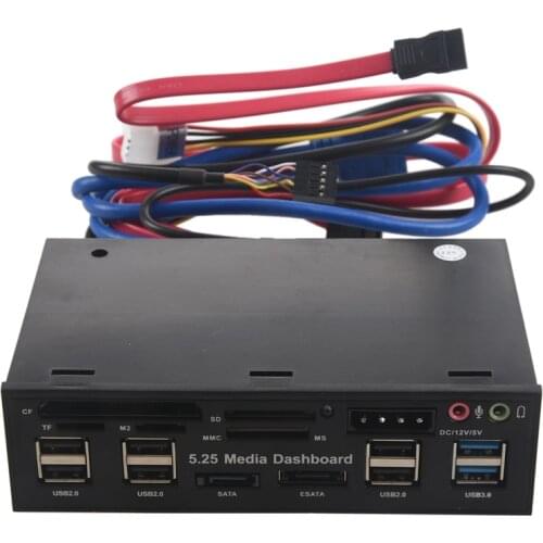 New Multifuntion 5.25" Media Dashboard Card Reader USB 2.0 USB 3.0 20 pin e-SATA SATA Front Panel