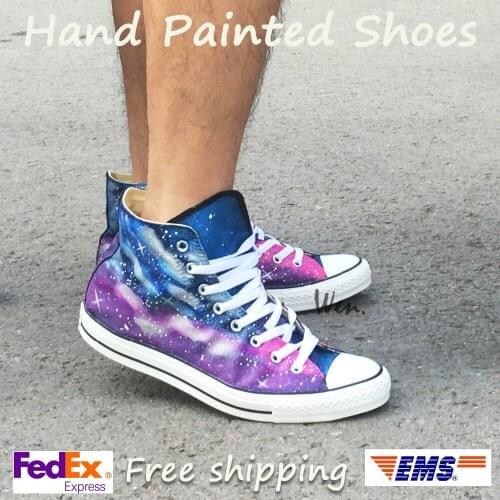 Wen Original Hand Painted Canvas Shoes Design Custom Galaxy Dark Blue And Purple Starlight High Top Men Womens Canvas Sneakers